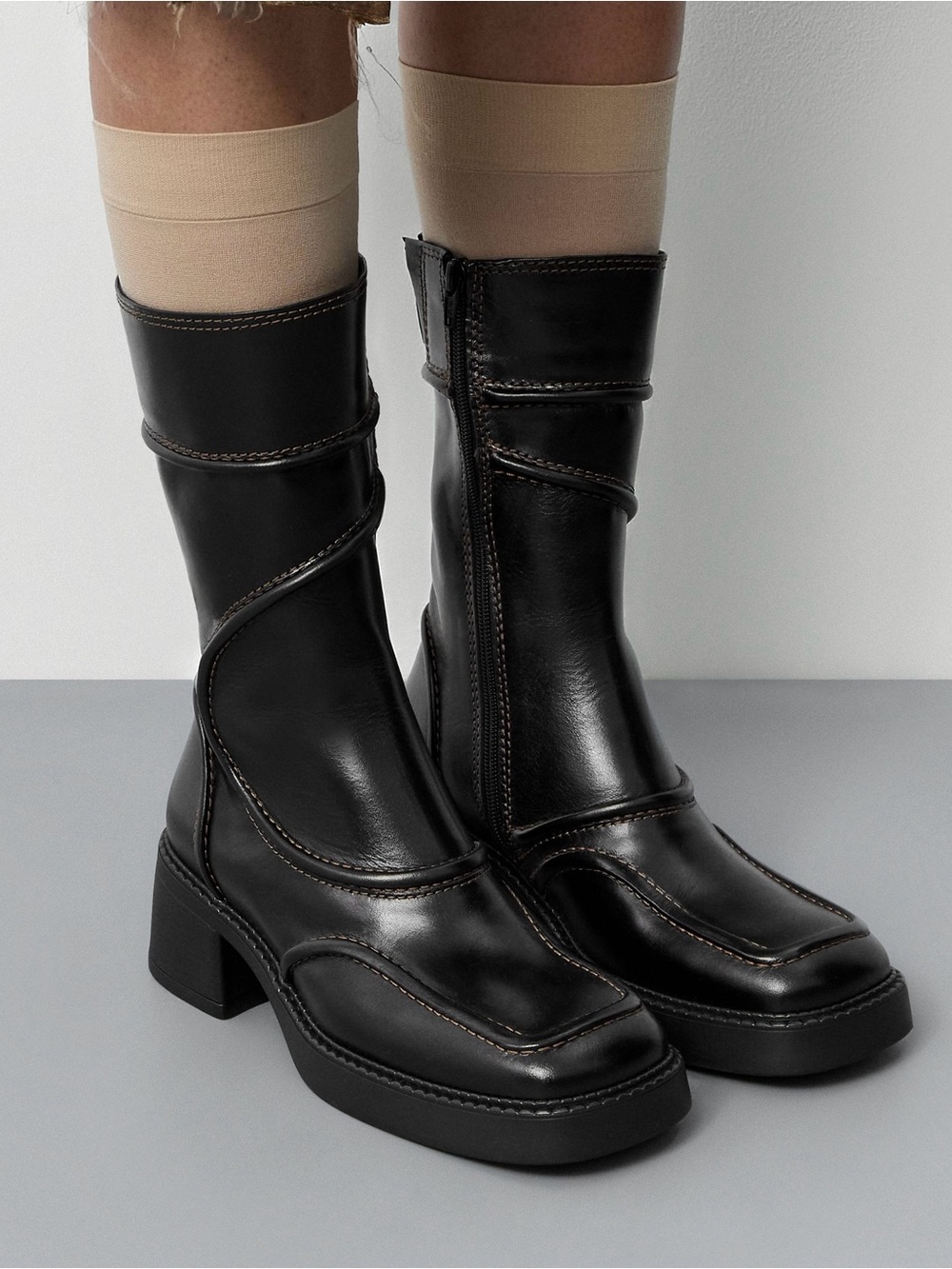 Miista Malene Boots - Black Leather Brown Stitching